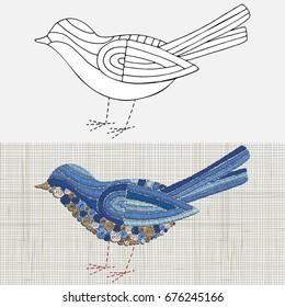 Embroidery Pattern. Embroidery blue bird. Vector Embroidery home decor, ornament for textile,  fashion, fabric pattern. Linen cloth texture.  Colorful traditional folk decoration.