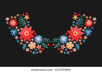 Embroidery pattern with bright colorful flowers for neckline. Floral design for collars of fashion blouses and t-shirts. Vector illustration.