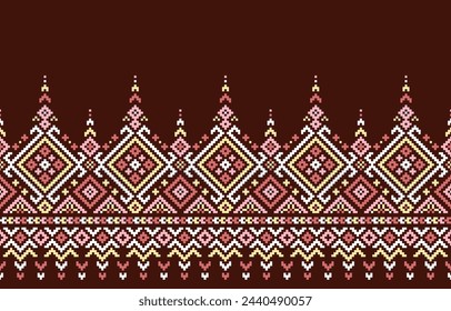 Embroidery pattern. Cross stitch patterns.  of diamonds and triangles on a brown background.Design for fabric,pattern,pixel,motif,towel,aida,folk,retro,handicraft,abstract,batik,zigzag,textile art.