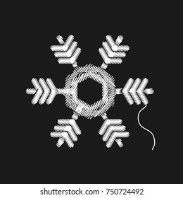 Embroidery pattern, embroidered Snowflake. Winter symbol. White hatching on black background