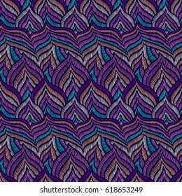 Embroidery pattern. Feather abstract texture. Seamless pattern for fabric. Zentangle doodle. Boho style. Embroidery textile pattern. Vector illustration for fashion or interior design.