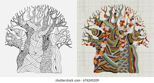Embroidery Pattern. Hand stitched Embroidered Baobab tree. African tree. Ethnic wall art embroidery home decor. Boho, crafts. Hand drawn doodle. Zentangle style. Linen cloth texture. Vector. svg