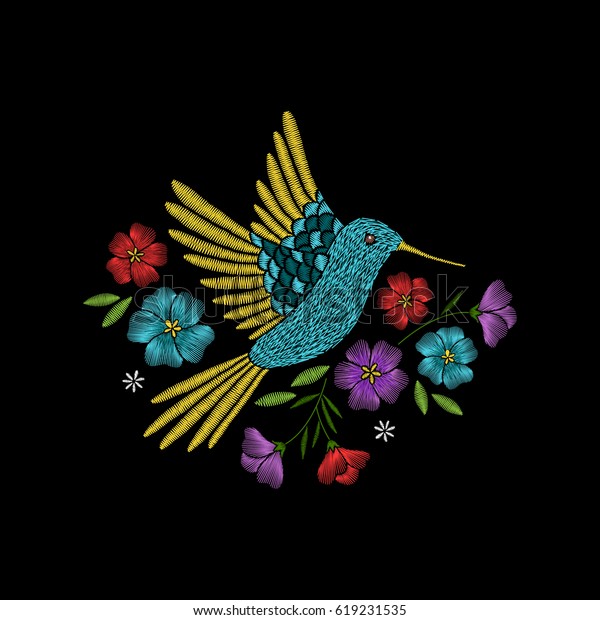 Diseño Bordado Con Colibrí Y Flores Tropicales Sobre Fondo Negro