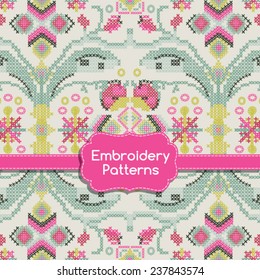 Embroidery Pattern. Knitted style vector. Imitation of vintage blanket with embroidery ornate. Cross-stitch.