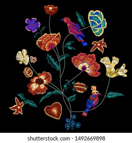 Embroidery pattern with magic birds and flowers. Vector embroidered floral patch.