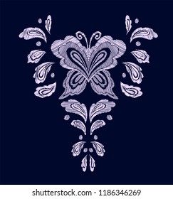 Embroidery pattern , neck line designs. Vector illustration hand drawn. Butterfly pattern. Decorative element for embroidery, patches and stickers