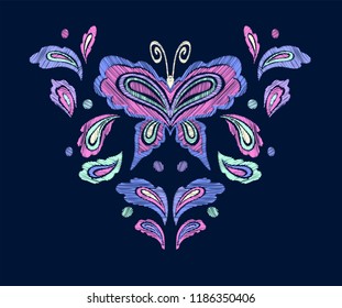 Embroidery pattern , neck line designs. Vector illustration hand drawn. Butterfly pattern. Decorative element for embroidery, patches and stickers