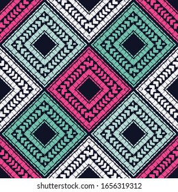 Embroidery. The pattern on the fabric. Ethnic boho ornament. Seamless background. Tribal motif. Vector illustration for web design or print.