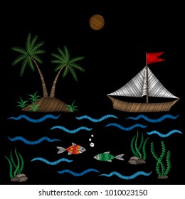 Embroidery pattern with palm tree and boat on wave with fish stitches imitation isolated on the black background. Embroidery for logo, label, emblem, sign, poster, t-shirt print. Vector  illustration.