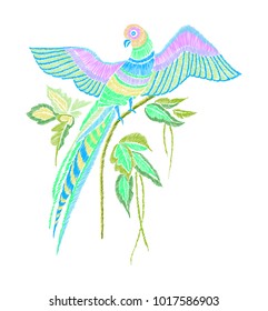 Embroidery pattern with parrot and tropical leaves. Vector illustration hand drawn. T-shirt print design.