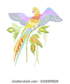 Embroidery pattern with parrot and tropical leaves. Vector illustration hand drawn. T-shirt print design.