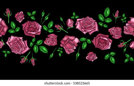 Embroidery pattern with roses flowers. Floral embroidery background and pattern embroidery with rose. Vector illustration. Vector imitation of embroidery. Seamless Pattern