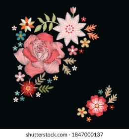Embroidery pattern with roses and flowers. Vector embroidered floral compositions