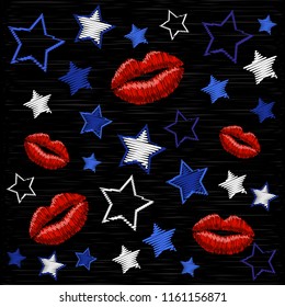 Embroidery pattern with stars, red lips, lipstick kiss . Black embroidered background. Vector illustration. 
