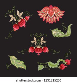Embroidery of pattern with stylized ornamental flowers in retro, vintage style. Imitation of Jacobin embroidery. Vector illustration in red, green, colors. Isolated on black background.