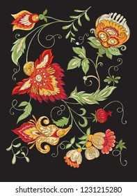 Bordados de diseño con flores ornamentales estilizadas en estilo retro, vintage. Imitación del bordado de Jacobin. Ilustración vectorial en rojo, verde, colores. Aislado sobre fondo negro.