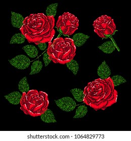 Embroidery pattern texture, wallpaper, background with beautiful roses. Vector floral ornament on black background. Template for printing, textiles, design. Patch, badge sticker