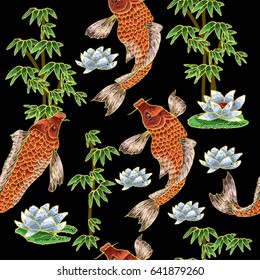 Embroidery pattern with traditional Japanese Carp and flowers.