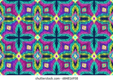 Embroidery pattern. Tribal ornament. Ethnic style. Fabric embroidery effect texture. Boho fashion. Traditional textile. Vector seamless pattern for fashion design, interior or printed products.