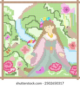 Embroidery Patterns, Cross Stitch Patterns, Carpet design, Girl in a Nature Garden.