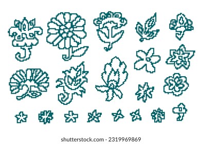 Embroidery patterns for needlework, isolated blooming flowers and leaves, buds and foliage. Empty pixelated contours for filling or drawing. Flourishing and blossom of spring. Vector in flat style