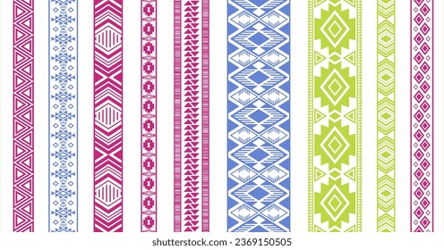 Embroidery patterns vector set. Fashion textile edge ornaments isolated. Knitted strip edging. Slavic folk patterns. Dress apparel cuff and collar frills. Openwork tissue lattice.