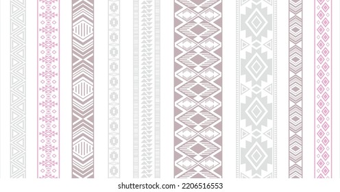 Embroidery patterns vector set. Seamless edge ornaments isolated. Sewn ribbon edging. Ukrainian folk patterns. Cutout style bracelets. Ornate tapes. Craft elements.