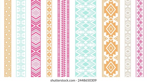 Embroidery patterns vector set. Seamless vertical edge ornaments isolated. Lace stripes. Ukrainian folk patterns. Fishnet filigree weave frills. Ornate tapes. Craft elements.