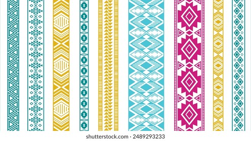 Embroidery patterns vector set. Seamless edge elements. Vintage design. Sewn ribbon edging. Slavic folk patterns. Accessories hem braid stencils. Geometric texture.