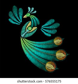 Embroidery With Peacock Bird. Template For Fabric, Textile Floral Print. Fashion Design For Decoration. Vector Illustration On Black Background.