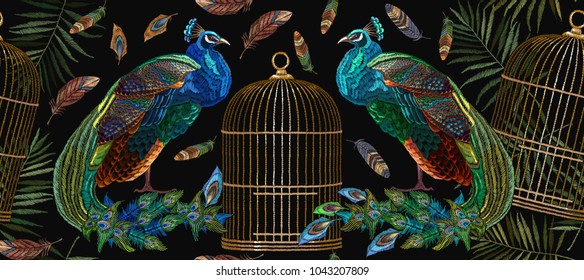 Embroidery peacocks and birds gold cage seamless pattern. Classical embroidery beautiful peacocks. Fashionable template for design of clothes 