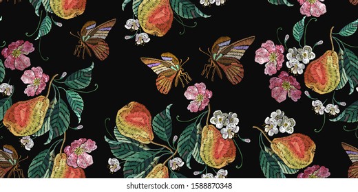 Embroidery pear fruits leaves and butterfly. Horizontal seamless pattern. Botanical illustration. Fashion clothes template, t-shirt design
