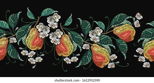 Embroidery pear fruits leaves and white flowers. Horizontal seamless pattern. Botanical illustration. Garden art. Fashion clothes template, t-shirt design