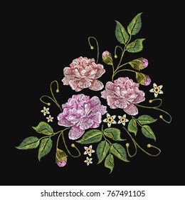 Embroidery peonies flowers vector. Classical embroidery pink peonies on black background, template fashionable clothes, t-shirt design