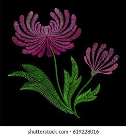 Embroidery Peonies flowers. Vector stitches, fashion ornament on black background for fabric traditional folk decoration