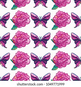 Embroidery peony flower and pink blue butterfly insect patch. Fashion patches with summer nature illustration embroideries. Seamless pattern backdrop. Trendy art with butterflies on white background.