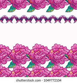 Embroidery peony flower and pink blue butterfly insect patch. Fashion patches with summer nature illustration embroideries. Seamless pattern backdrop. Trendy art with butterflies on white background.