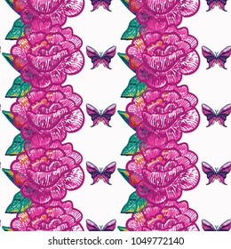 Embroidery peony flower and pink blue butterfly insect patch. Fashion patches with summer nature illustration embroideries. Seamless pattern backdrop. Trendy art with butterflies on white background.