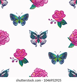 Embroidery peony flower, pink rose, small blue butterfly, big tropical butterflies, insects patch. Fashion patches with summer wild nature illustration embroideries. Seamless pattern backdrop.