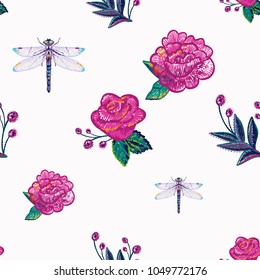 Embroidery peony flower, pink rose, decorative branch, beautiful dragonfly patch. Fashion insect patches with summer wild nature illustration embroideries. Seamless pattern backdrop with insects.
