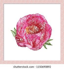 Embroidery peony flower sketch patch. Hand drawn stitching style floral illustration of flowers bud. Isolated flower on white background inside a soft pink wooden frame.