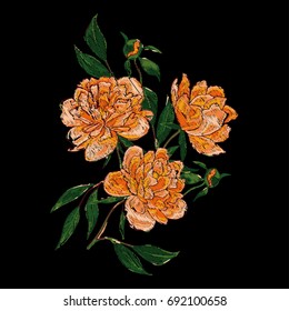 Embroidery with peony flowers. Vector illustration. Trendy fashion print.