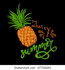 Embroidery pineapple. Embroidered design tropical fruit plant on a black background. Stock vector illustration. Bomber jacket
