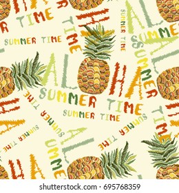 Embroidery pineapple seamless pattern, Fashion t-shirt design, cool pineapple, template for clothes, exotic t-shirt print. Aloha summer time slogan seamless background. Tropical paradise embroidery