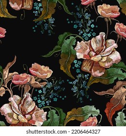 Bordados. El otoño rosado de las flores. Moda vintage sin costuras. Arte de jardín de otoño. Plantilla para el diseño de ropa, tapicería