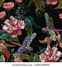 Embroidery. Pink autumn roses flowers and colorful dragonflies. Fashion seamless pattern. Fall garden art. Template for design of clothes, tapestry