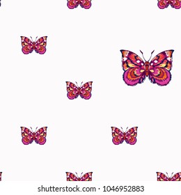 Embroidery pink butterfly, insect patch. Fashion patches with butterflies, summer wild nature illustration embroideries. Seamless pattern backdrop. Traditional art with insects on white background.
