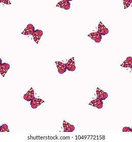 Embroidery pink butterfly, insect patch. Fashion patches with butterflies, summer wild nature illustration embroideries. Seamless pattern backdrop. Traditional art with insects on white background.
