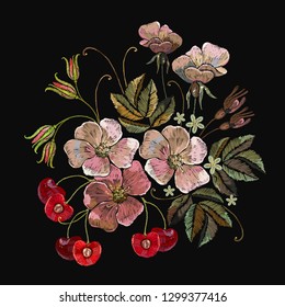 Embroidery pink cherry blossom tree and cherry fruit berry. Fashion template for clothes, textiles and t-shirt design