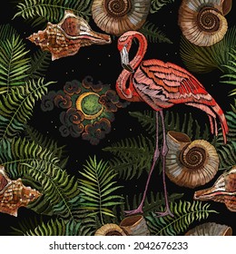 Embroidery pink flamingo, night sky and tropical palm leaves seamless pattern. Summer jungle art. Fashion template for clothes, textiles, t-shirt design 